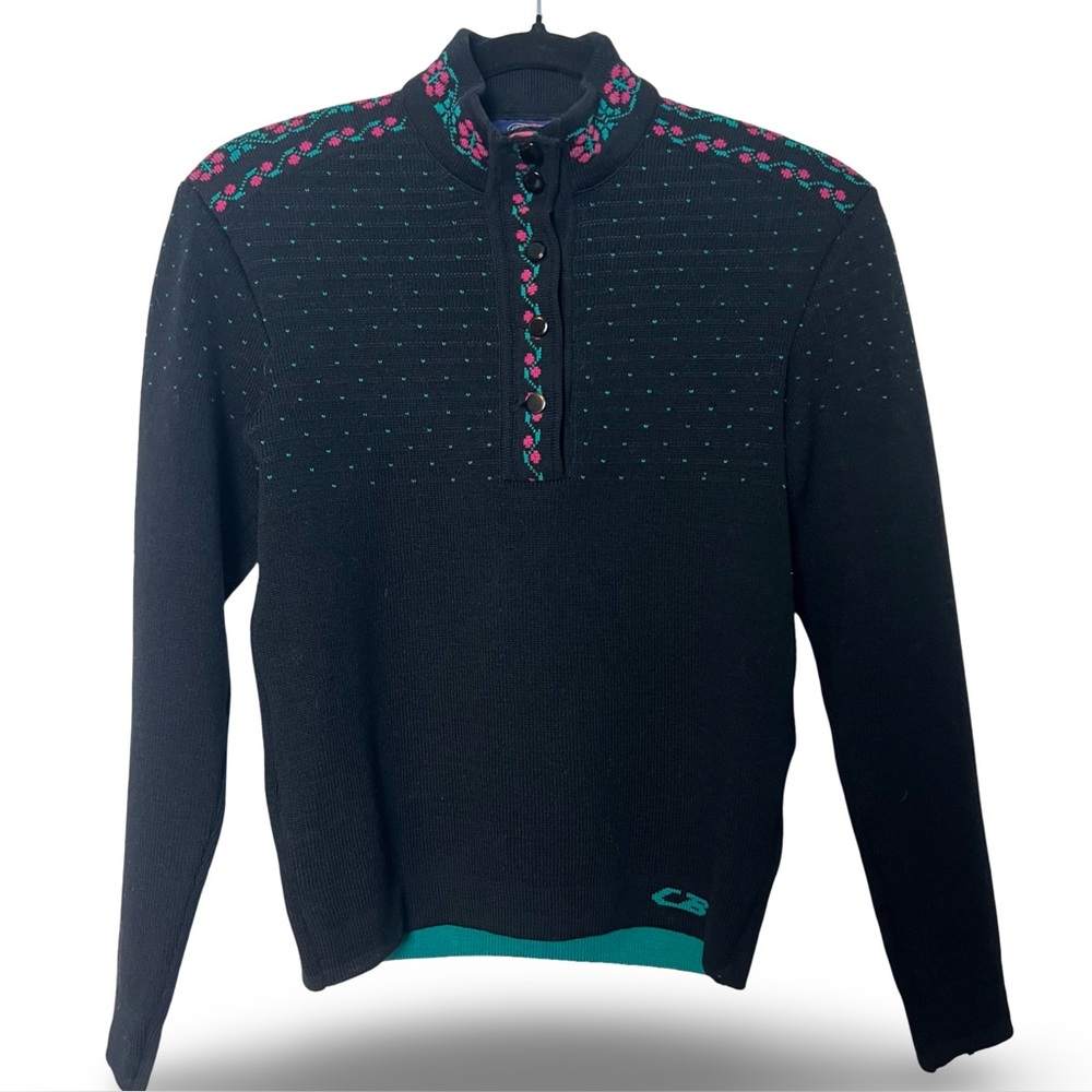 CB Sports Women's VTG 80s Wool Nordic Floral Button Sweater Black Teal Pink Sz S